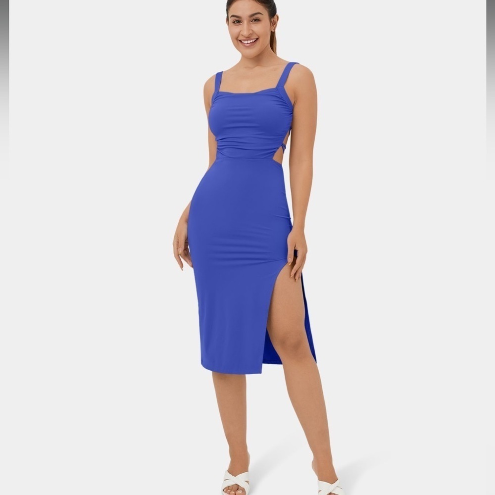 NEW HALARA sz L Blue Ruched Backless Crisscross Lace Up Split Bodycon Midi Dress